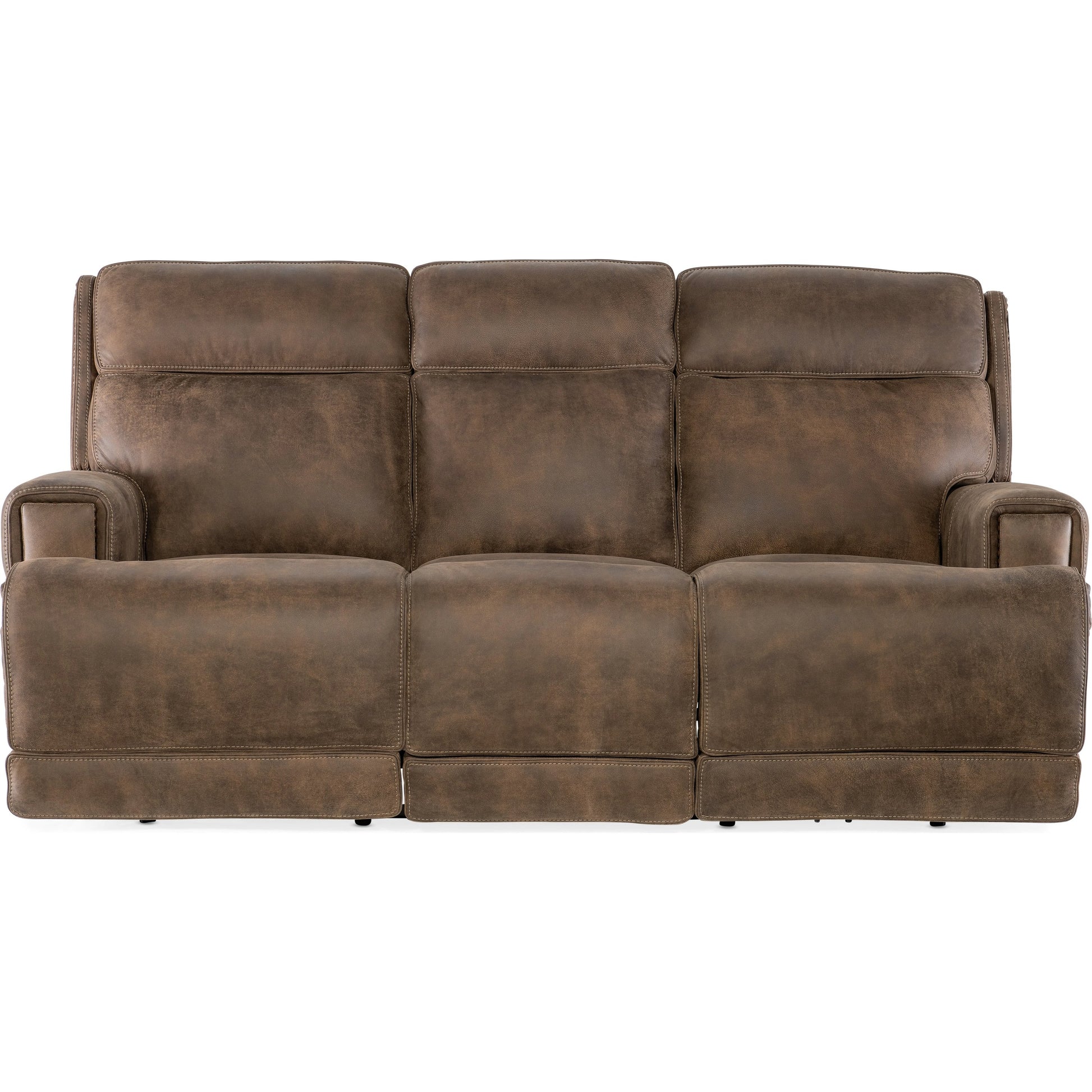 Wheeler Power Sofa by Hooker Furniture in seville timber. Made from leather, seville timber (aniline). seville timber features natural hallmarks of the trail such as fat wrinkles healed scars, scratches, mite marks. wax-b