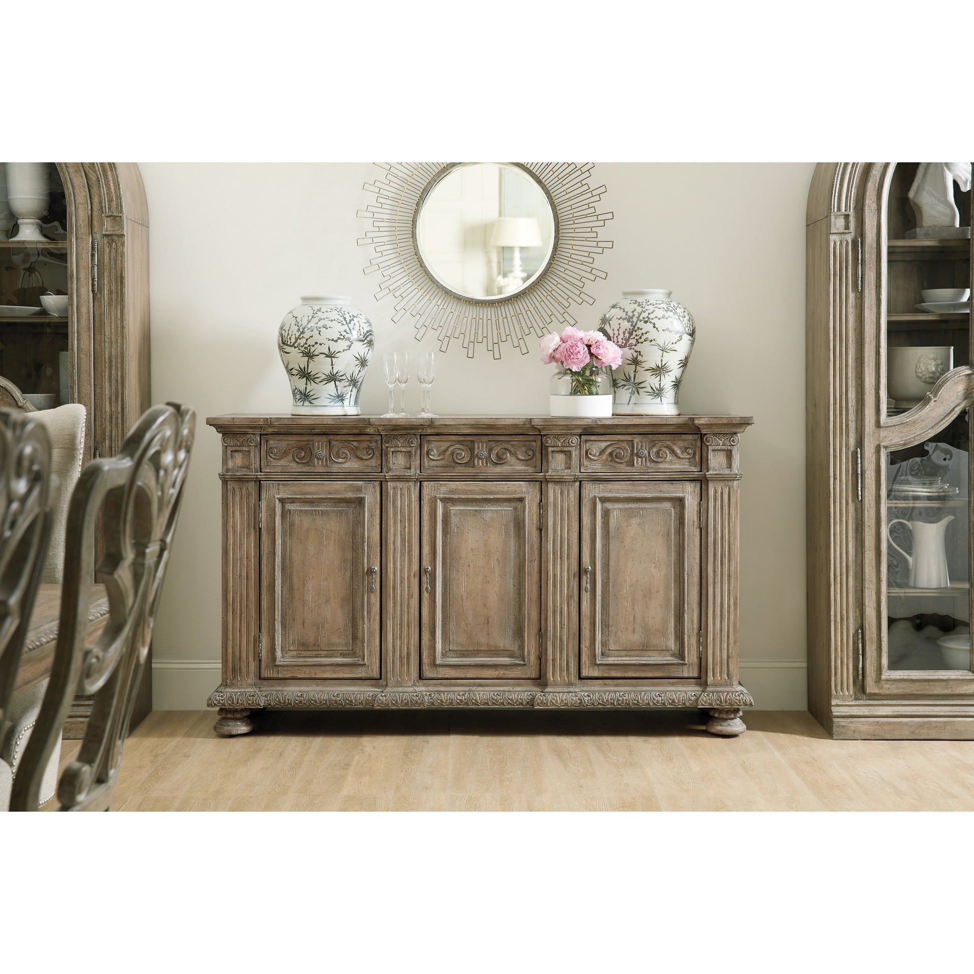 Castella Credenza by Hooker Furniture in antique slate. Made from quartered walnut, quartered black walnut, quartered ash, maple veneers in a traditional style.