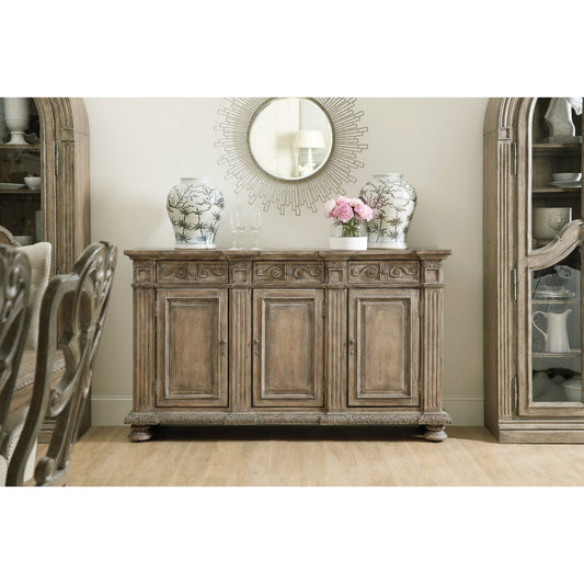 Castella Credenza by Hooker Furniture in antique slate. Made from quartered walnut, quartered black walnut, quartered ash, maple veneers in a traditional style.