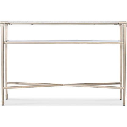 Melange Jen Console Table by Hooker Furniture in champagne. Made from white genesis slab, metal, glass in a modern style.