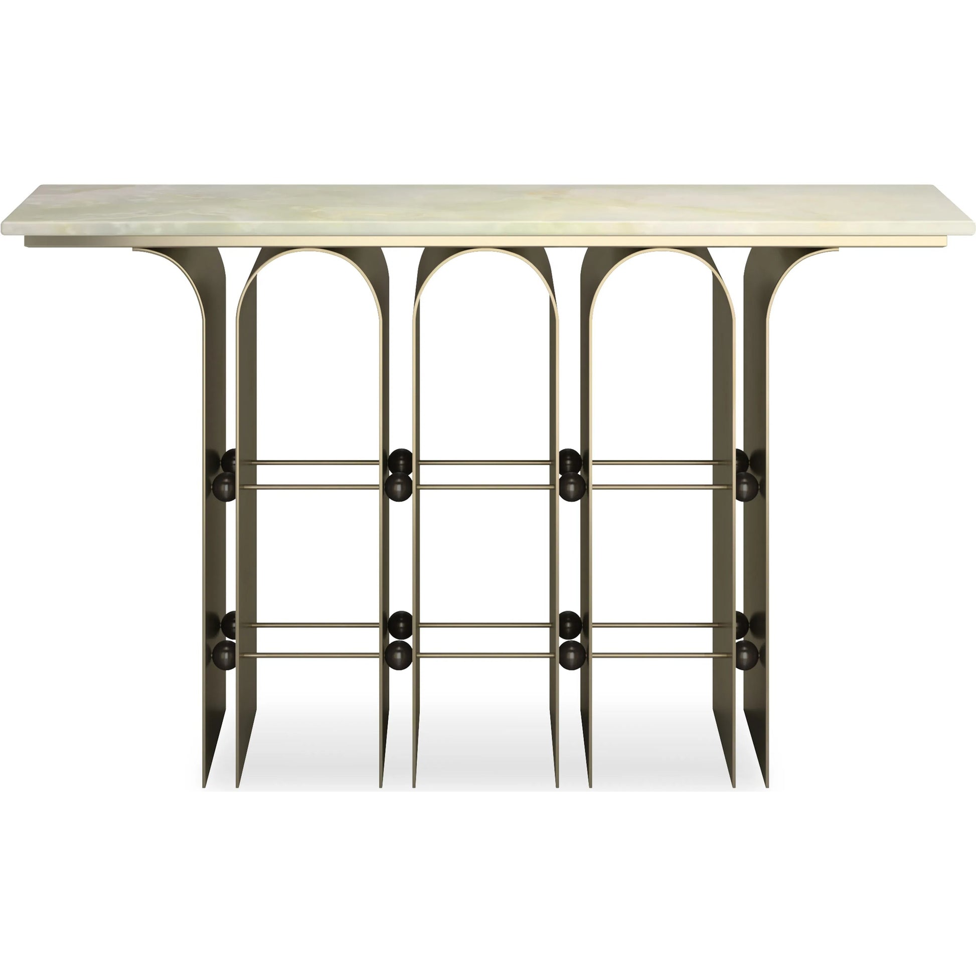 Nexus Console Table by Caracole in brushed gold, brushed deep bronze. Made from metal, stone in a unique style.