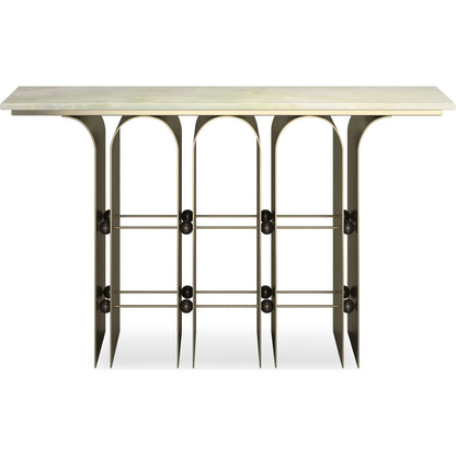 Nexus Console Table by Caracole in brushed gold, brushed deep bronze. Made from metal, stone in a unique style.