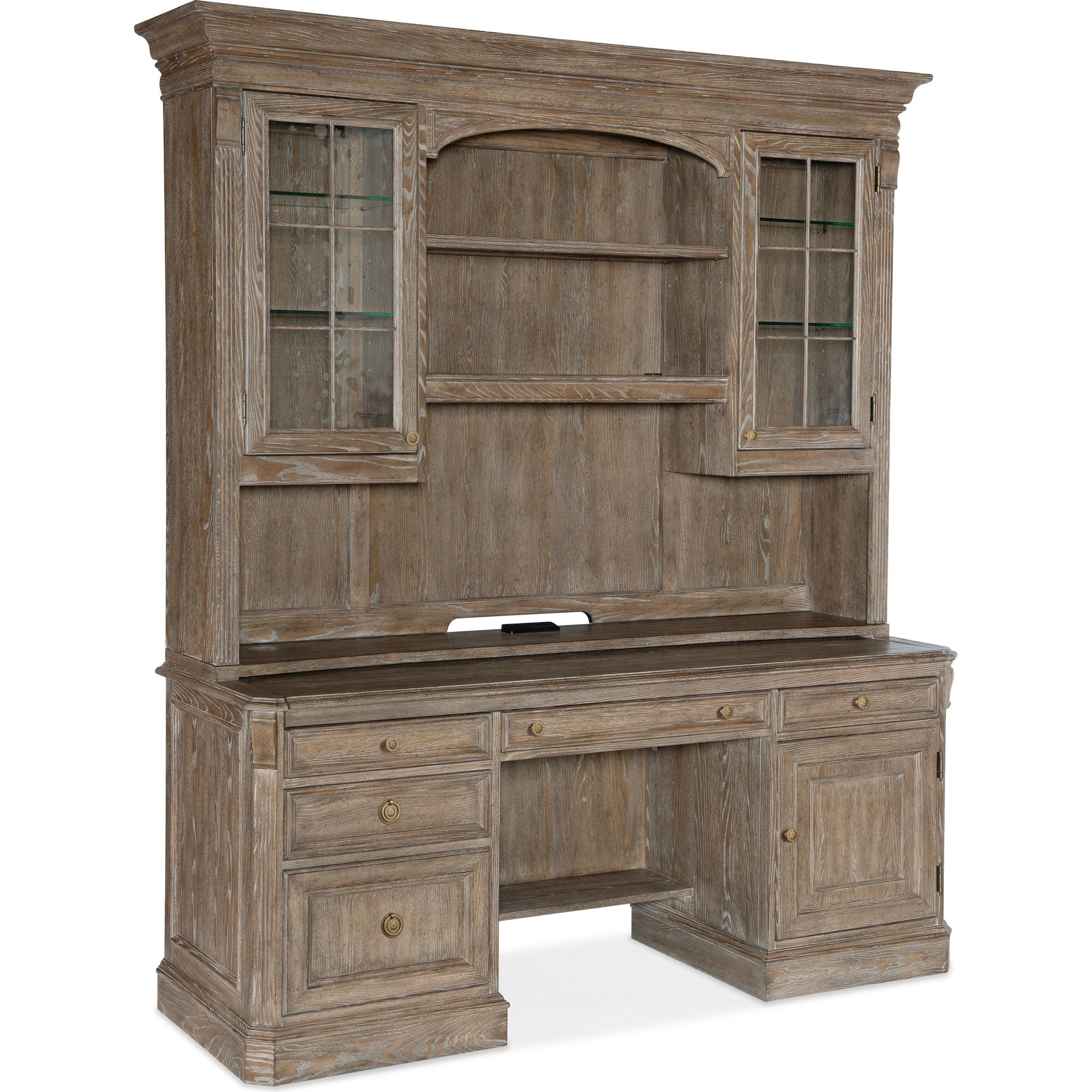 Sutter Credenza Hutch by Hooker Furniture in claro. Made from cathedral oak veneers in a unique style.