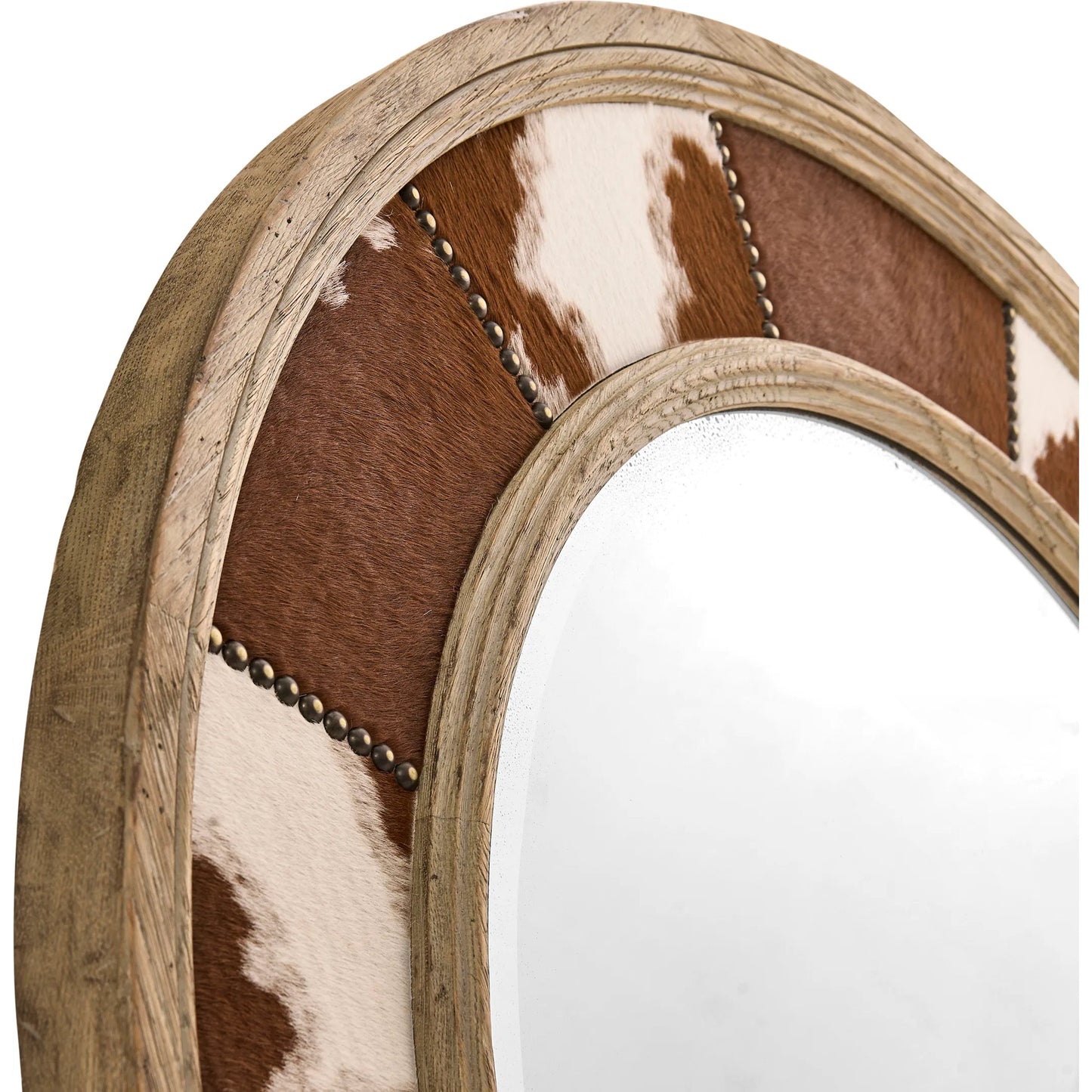 002 SI-2462616 | Closeup | Sagehill Round Hide Mirror by Jonathan Charles in timberon grey oak. Made from oak in a cottage & farmhouse style.