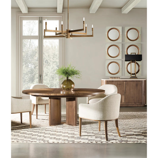 Eleana Round Dining Table with One 20-inch Leaf by Hooker Furniture in light caramel, sunlit bronze metal. Made from walnut veneers, metal in a modern style.