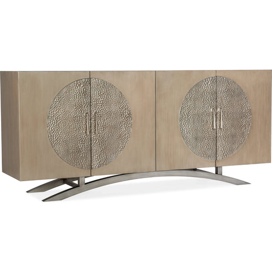 Melange Nolita Four Door Entertainment Console by Hooker Furniture in champagne. Made from maple veneers, resin, metal in a modern style.