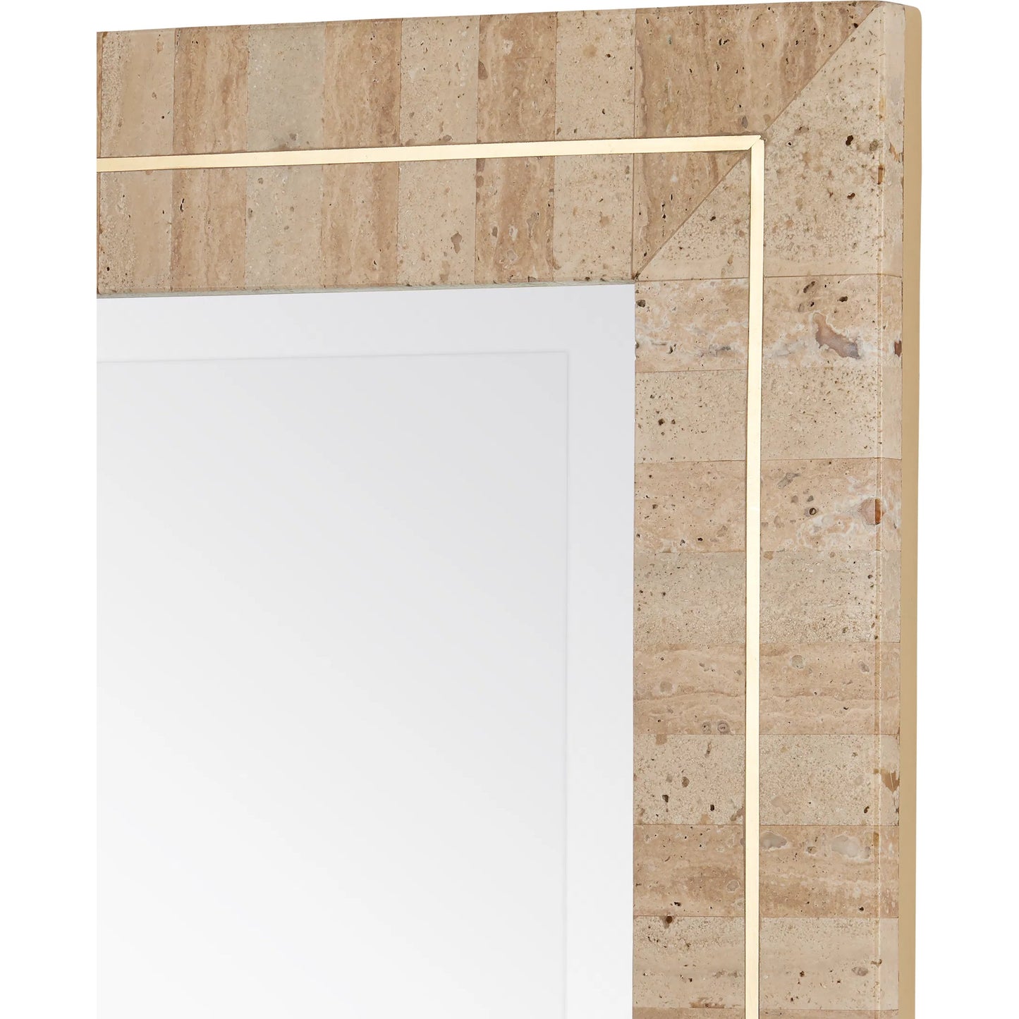 003 SI-2257174 | Closeup | Dezi Mirror by Currey and Company in natural, brass. Made from travertine, brass, engineered wood, glass in a transitional style.