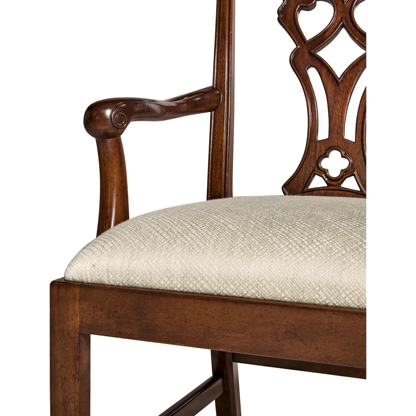 005 SI-2334492 | Closeup | Buckingham Chippendale Antique Mahogany Arm Chair by Jonathan Charles in skipper and medium antique mahogany. Made from acacia, fabric in a traditional style.