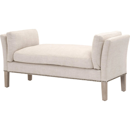 Warner Bench by Essentials For Living in natural gray ash, bisque french linen. Made from solid ash wood, plywood, 50% linen, 50% polyester fabric, foam in a traditional style.