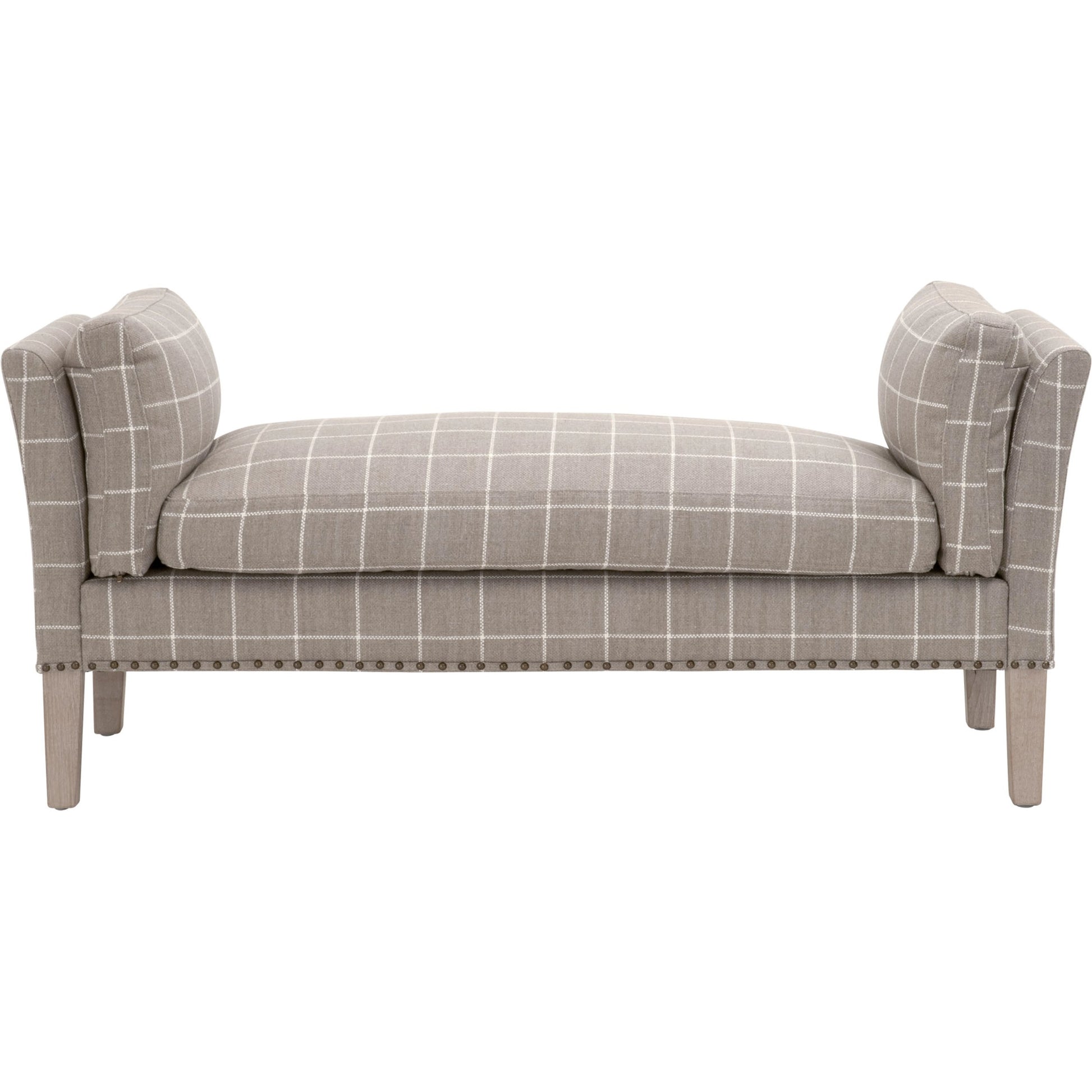 Warner Bench by Essentials For Living in natural gray ash, bisque french linen. Made from solid ash wood, plywood, 50% linen, 50% polyester fabric, foam in a traditional style.