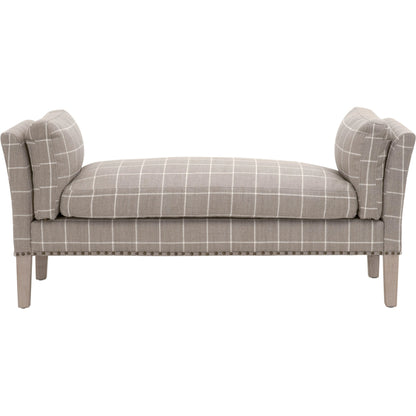 Warner Bench by Essentials For Living in natural gray ash, bisque french linen. Made from solid ash wood, plywood, 50% linen, 50% polyester fabric, foam in a traditional style.