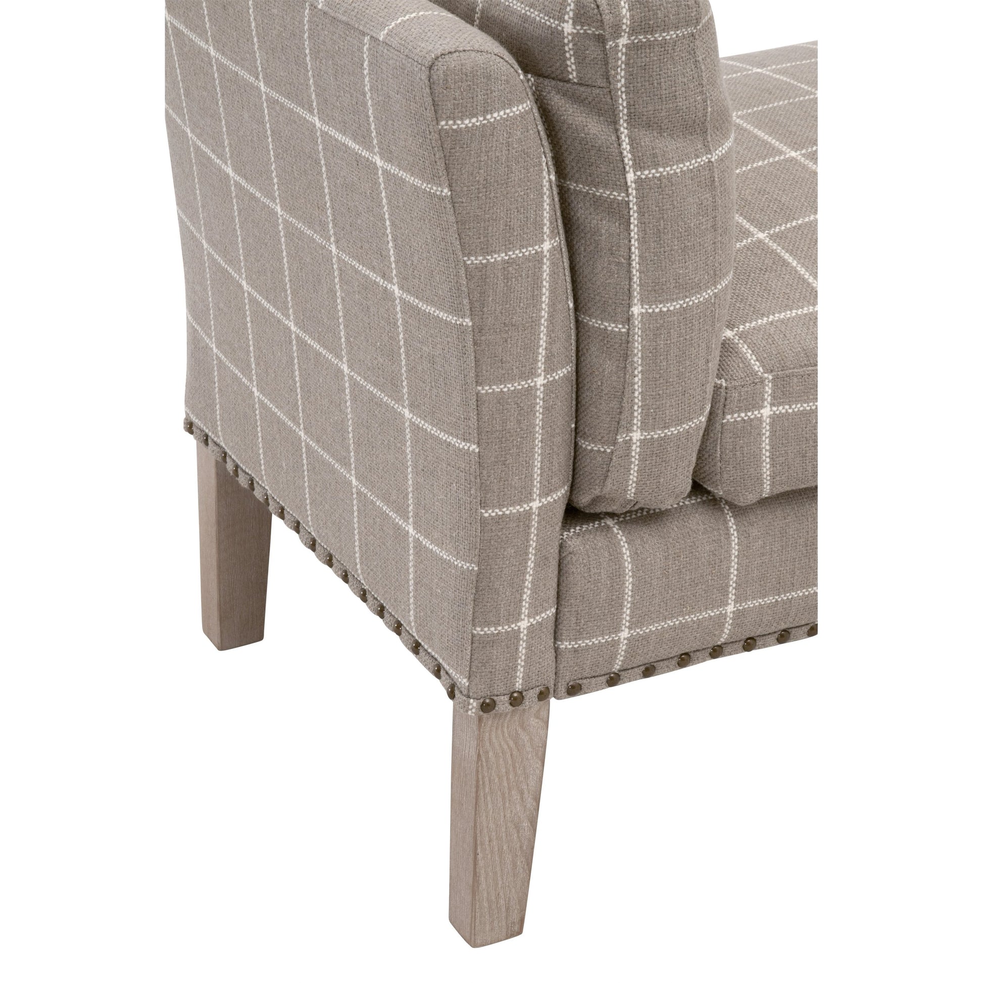 Warner Bench by Essentials For Living in natural gray ash, bisque french linen. Made from solid ash wood, plywood, 50% linen, 50% polyester fabric, foam in a traditional style.