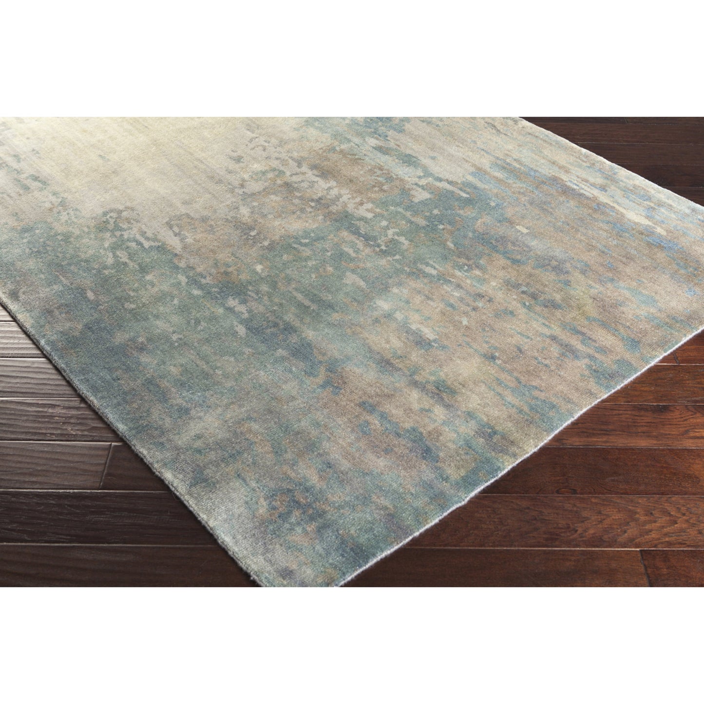 002 51247-21526 | Closeup | Watercolor Rug - 1662 by Surya in light gray, medium gray, deep teal, gray. Made from 100% wool in a unique style.