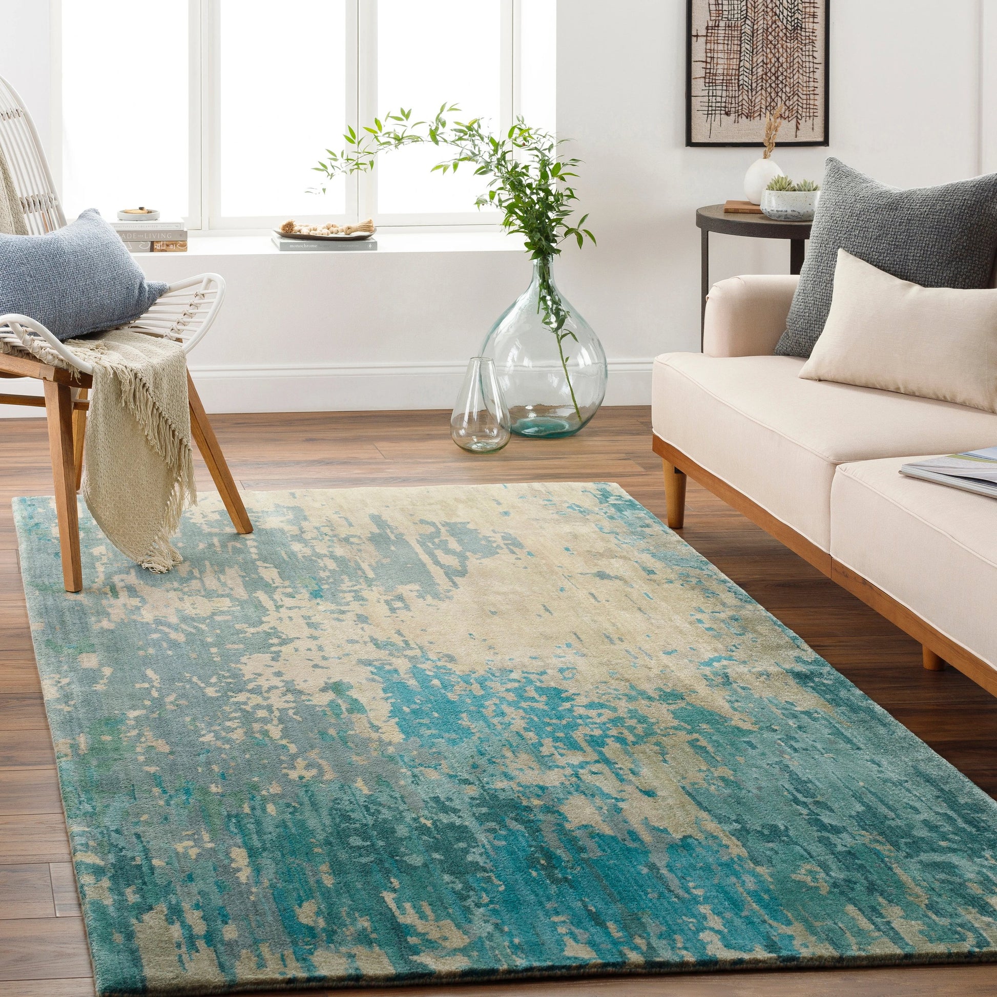 Watercolor Rug - 21179 by Surya in teal, light sage, light gray, taupe, medium gray, sky blue. Made from 100% wool in a unique style.