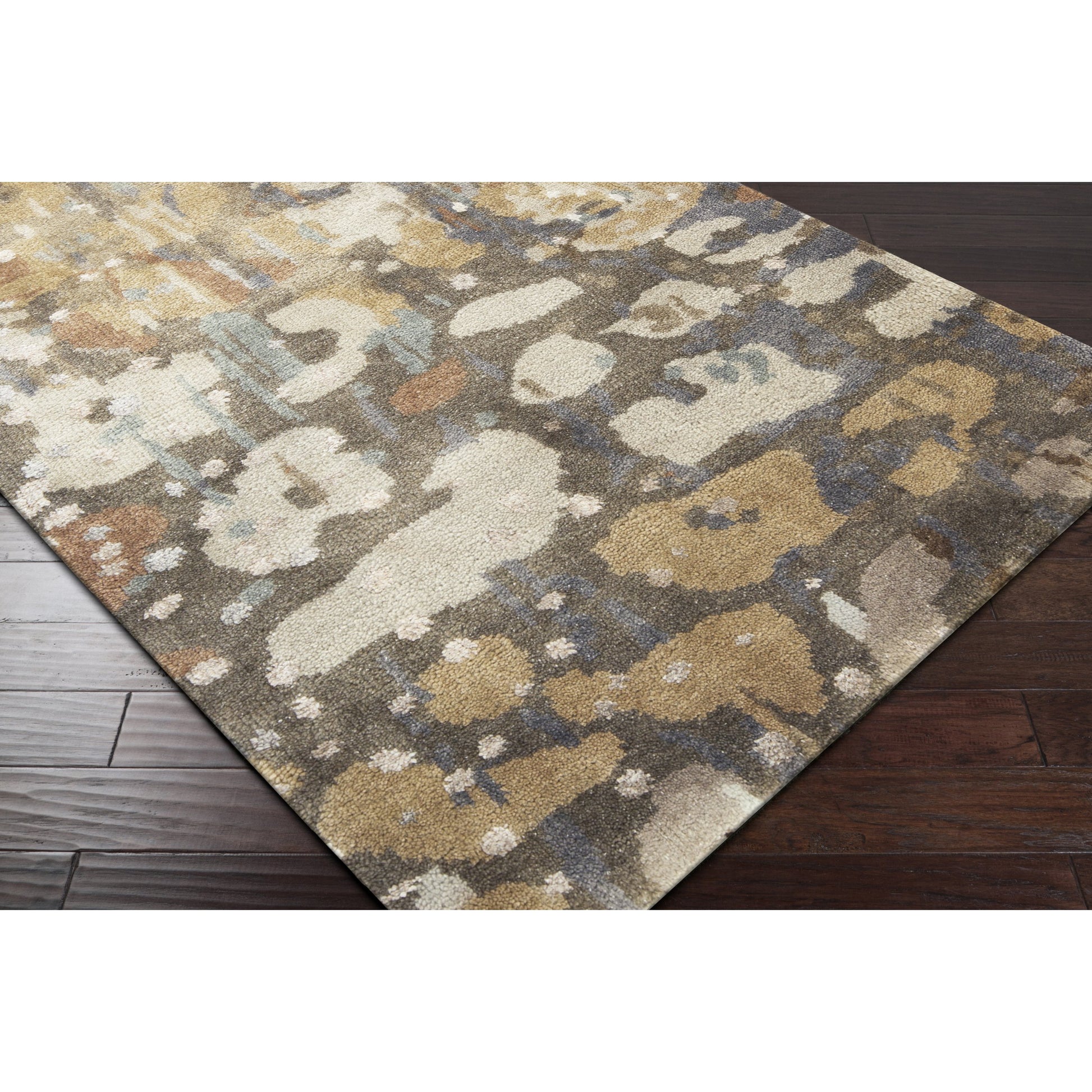 Watercolor Rug - 1921 by Surya in black, charcoal, medium green, dusty sage, tan, beige. Made from unique in a unique style.