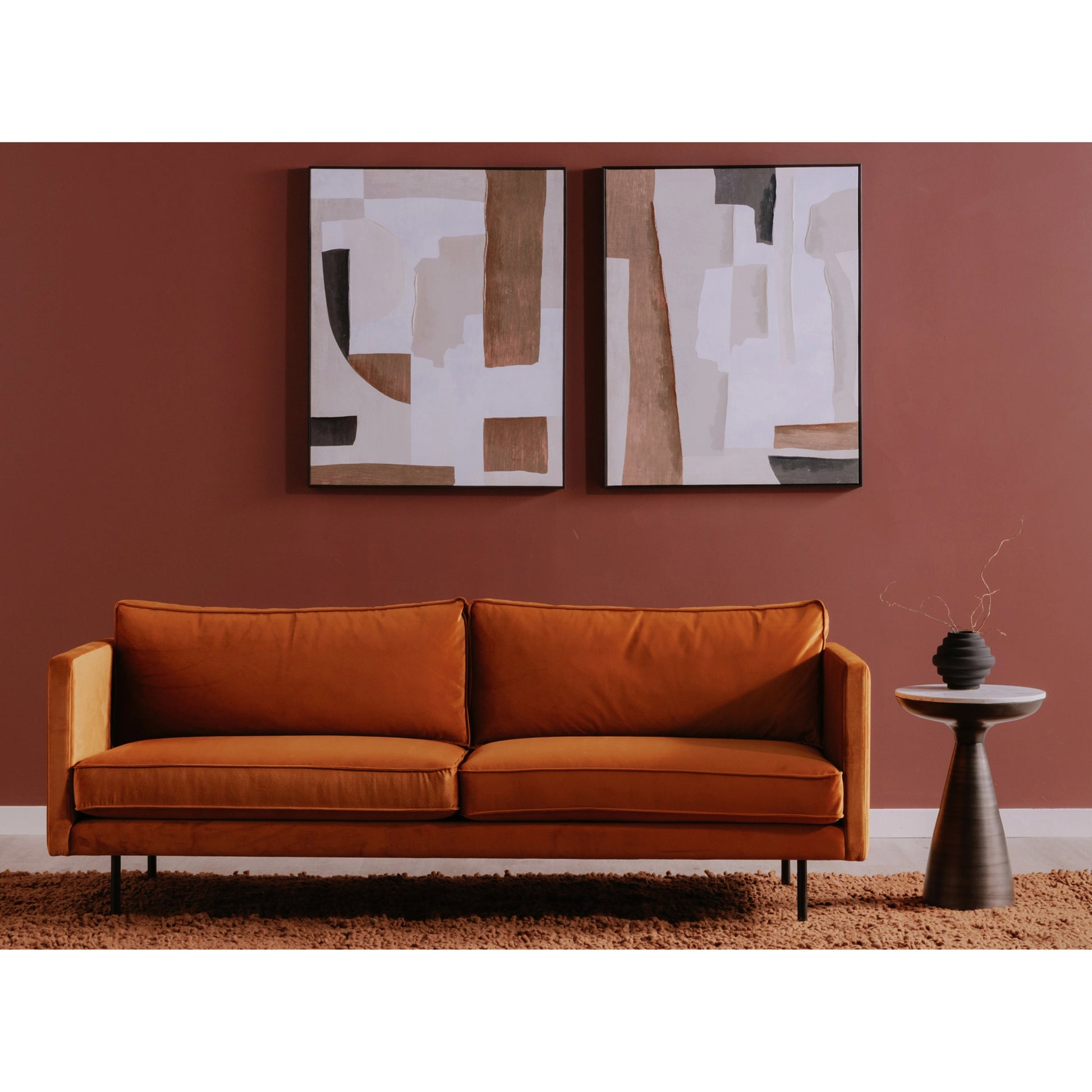 Raphael Sofa by Moe's Home Collection in green. Made from upholstery: 100% polyester, solid wood, mdf frame, high density polyurethane foam, fiber-fill, down, feather filling, black powder-coated steel legs in a modern style.