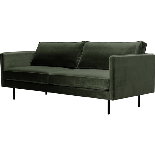 Raphael Sofa by Moe's Home Collection in green. Made from upholstery: 100% polyester, solid wood, mdf frame, high density polyurethane foam, fiber-fill, down, feather filling, black powder-coated steel legs in a modern style