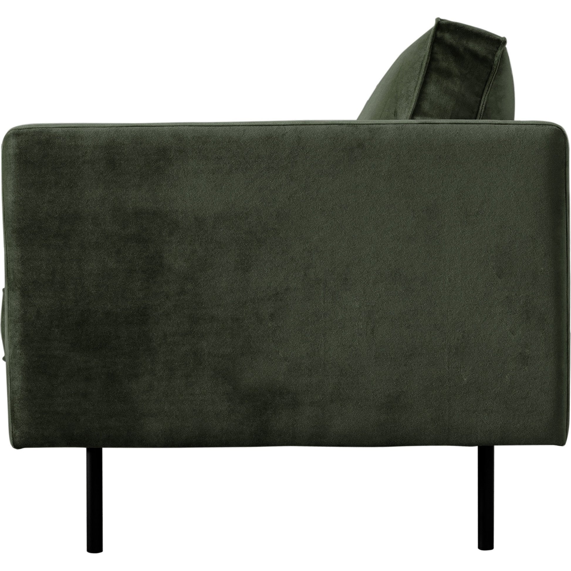 Raphael Sofa by Moe's Home Collection in green. Made from upholstery: 100% polyester, solid wood, mdf frame, high density polyurethane foam, fiber-fill, down, feather filling, black powder-coated steel legs in a modern style.