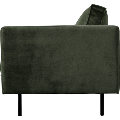 Raphael Sofa by Moe's Home Collection in green. Made from upholstery: 100% polyester, solid wood, mdf frame, high density polyurethane foam, fiber-fill, down, feather filling, black powder-coated steel legs in a modern style.
