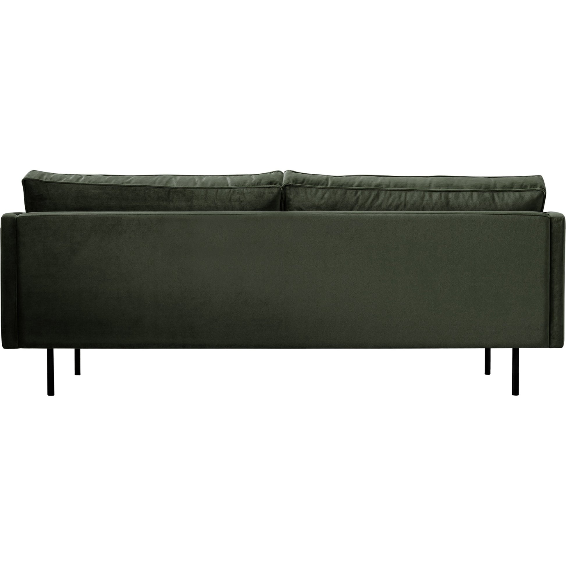 Raphael Sofa by Moe's Home Collection in green. Made from upholstery: 100% polyester, solid wood, mdf frame, high density polyurethane foam, fiber-fill, down, feather filling, black powder-coated steel legs in a modern style.