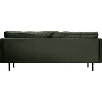 Raphael Sofa by Moe's Home Collection in green. Made from upholstery: 100% polyester, solid wood, mdf frame, high density polyurethane foam, fiber-fill, down, feather filling, black powder-coated steel legs in a modern style.