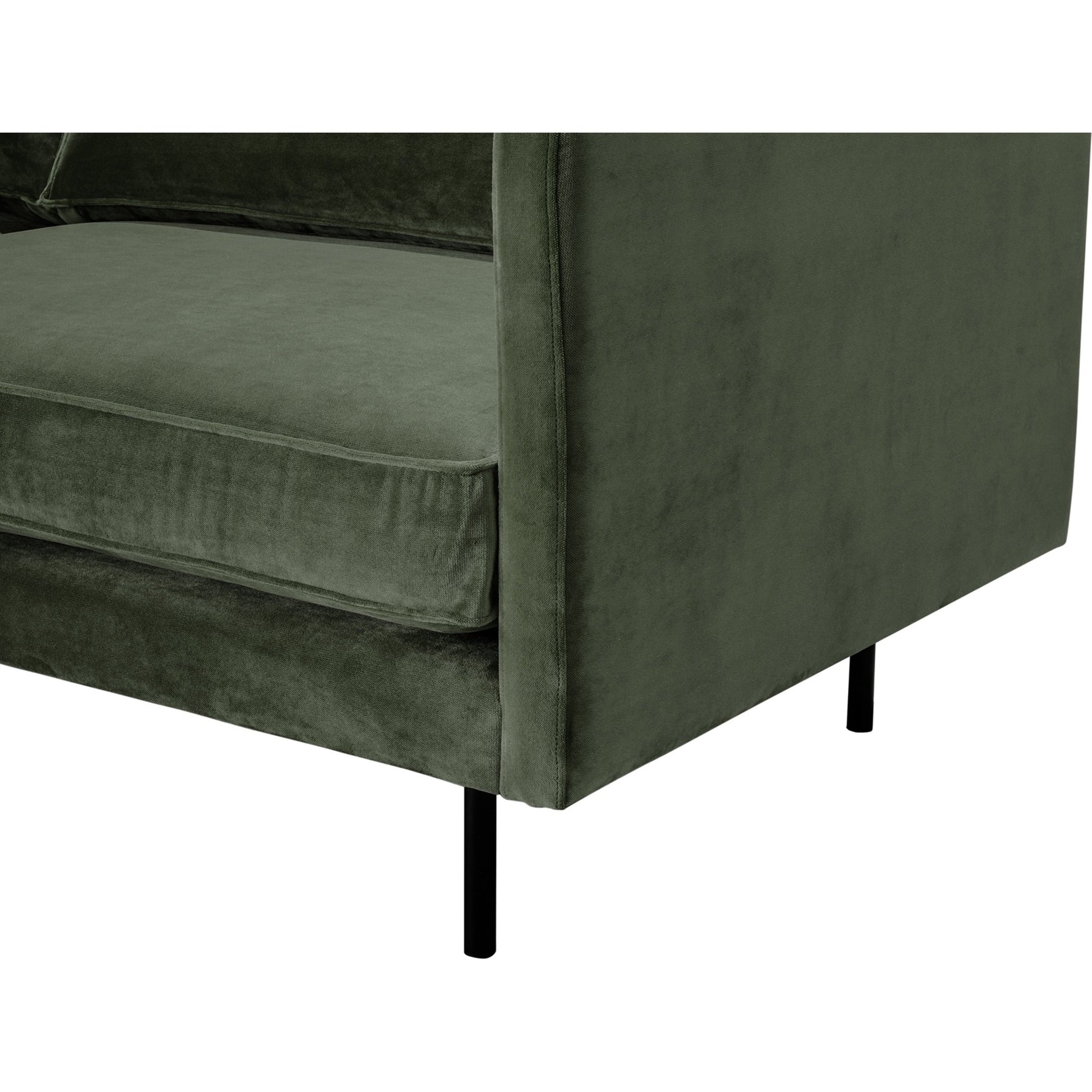 Raphael Sofa by Moe's Home Collection in green. Made from upholstery: 100% polyester, solid wood, mdf frame, high density polyurethane foam, fiber-fill, down, feather filling, black powder-coated steel legs in a modern style.