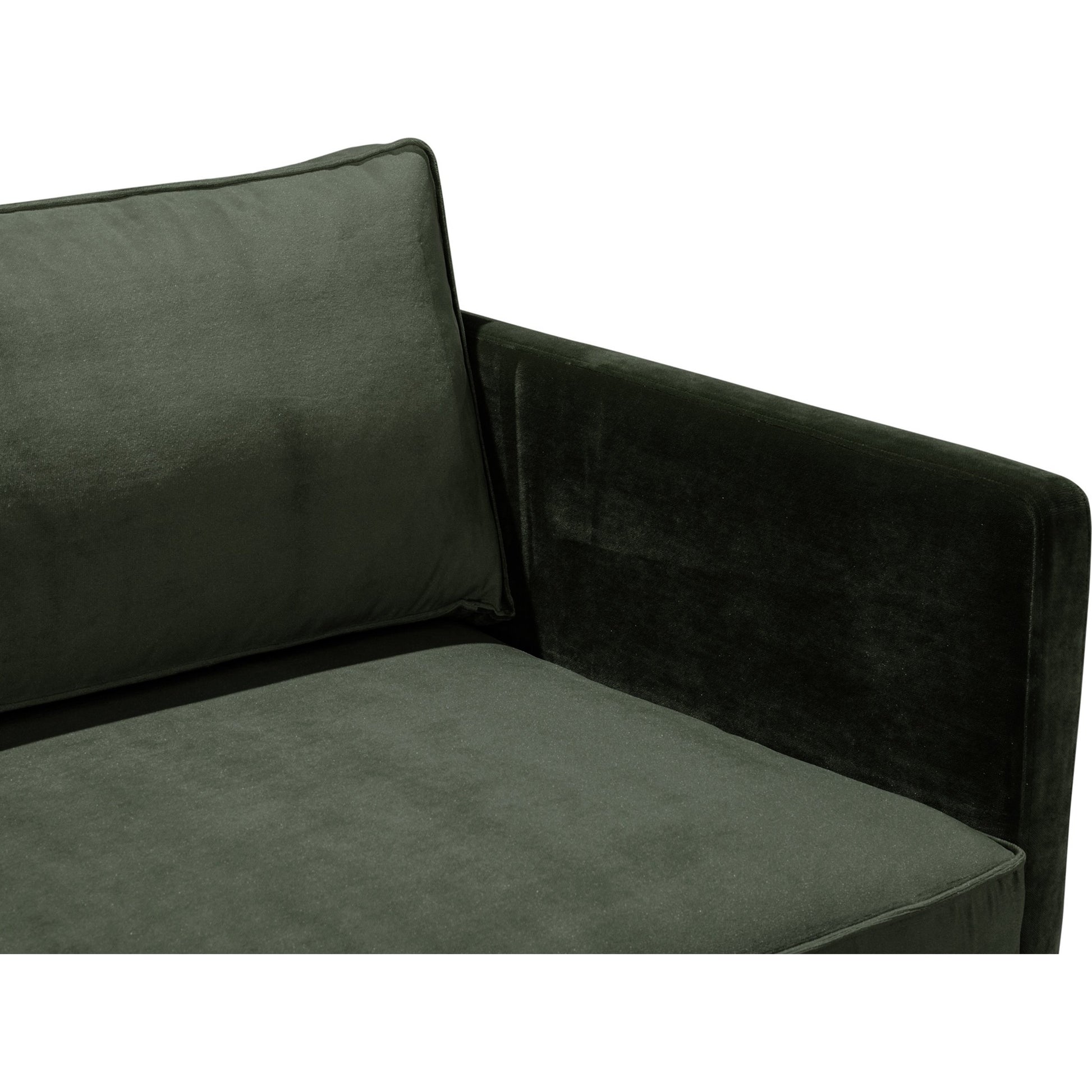 Raphael Sofa by Moe's Home Collection in green. Made from upholstery: 100% polyester, solid wood, mdf frame, high density polyurethane foam, fiber-fill, down, feather filling, black powder-coated steel legs in a modern style.