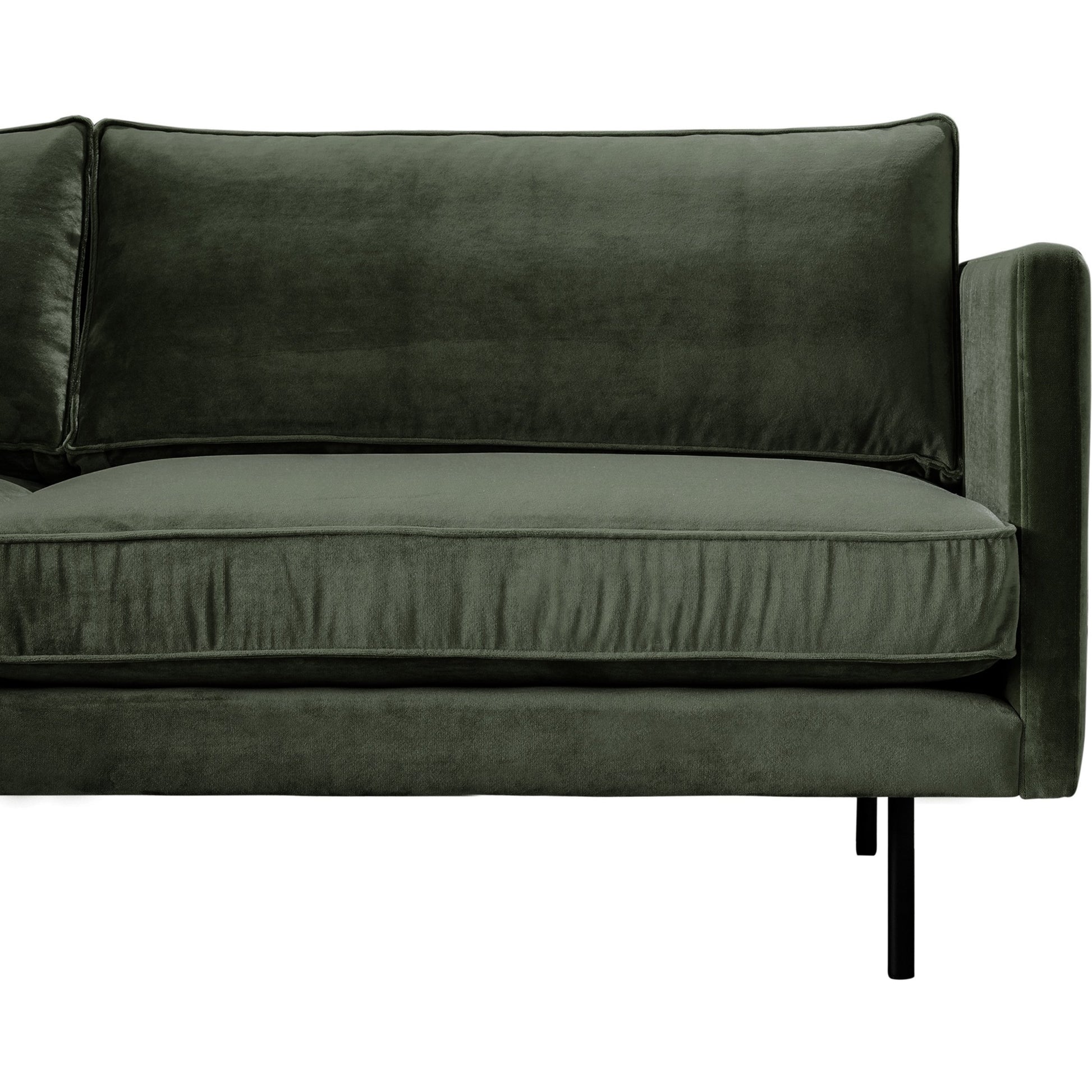 Raphael Sofa by Moe's Home Collection in green. Made from upholstery: 100% polyester, solid wood, mdf frame, high density polyurethane foam, fiber-fill, down, feather filling, black powder-coated steel legs in a modern style.