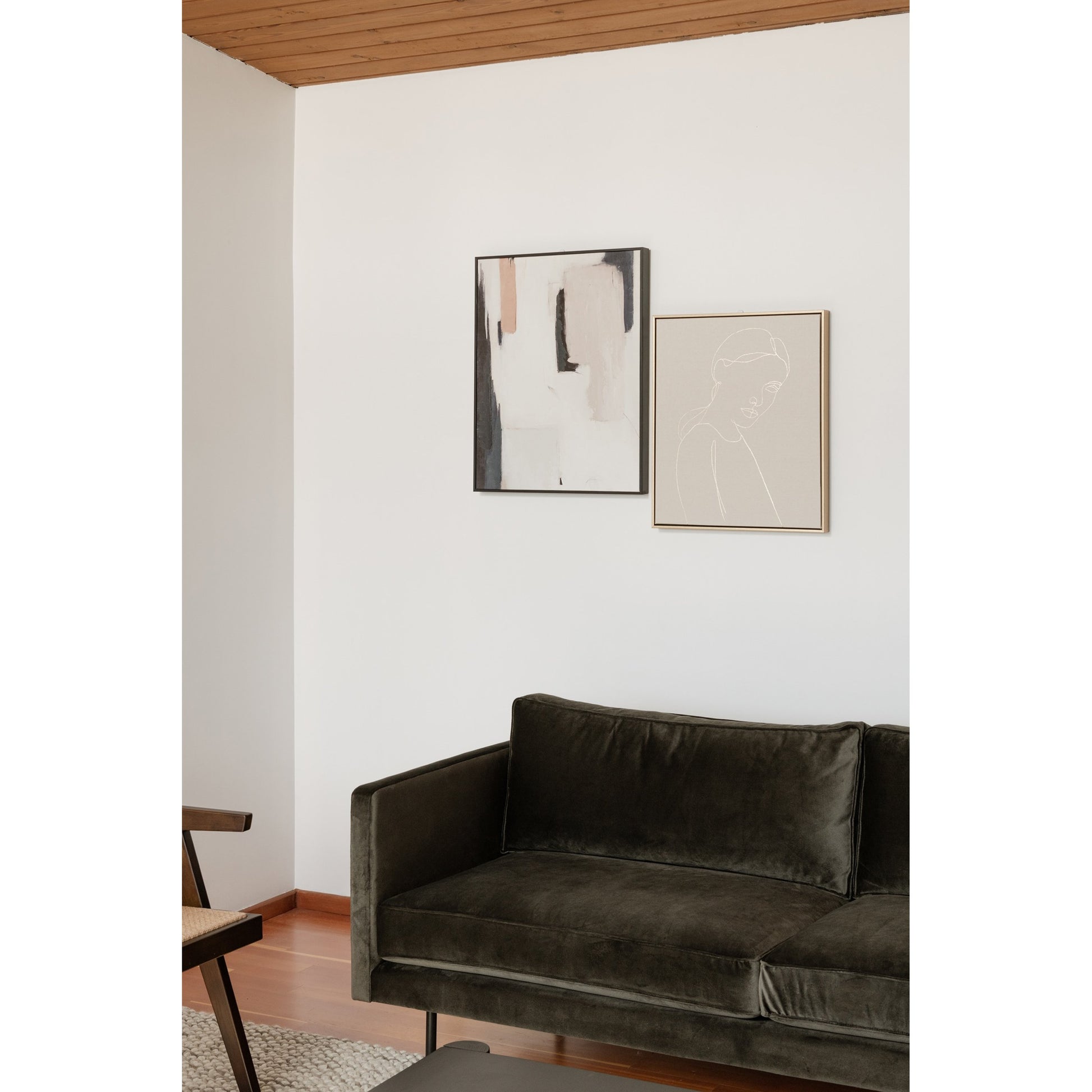 Raphael Sofa by Moe's Home Collection in green. Made from upholstery: 100% polyester, solid wood, mdf frame, high density polyurethane foam, fiber-fill, down, feather filling, black powder-coated steel legs in a modern style.