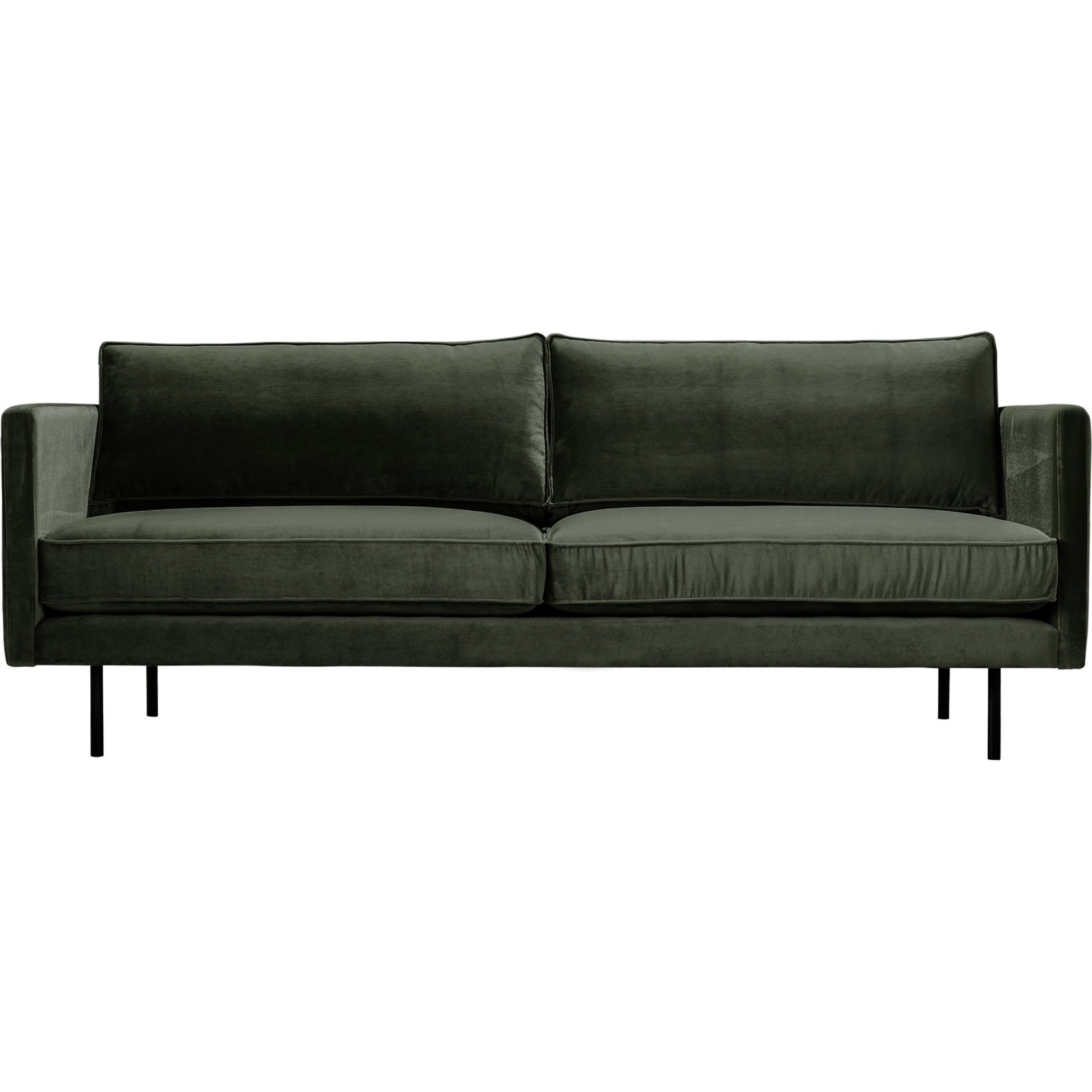 Raphael Sofa by Moe's Home Collection in green. Made from upholstery: 100% polyester, solid wood, mdf frame, high density polyurethane foam, fiber-fill, down, feather filling, black powder-coated steel legs in a modern style.