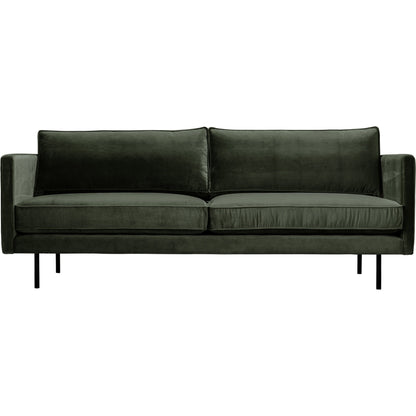 Raphael Sofa by Moe's Home Collection in green. Made from upholstery: 100% polyester, solid wood, mdf frame, high density polyurethane foam, fiber-fill, down, feather filling, black powder-coated steel legs in a modern style.