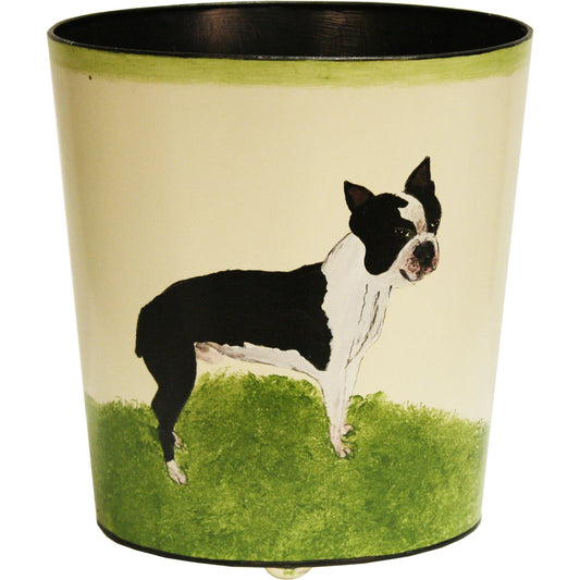 Boston Terrier Wastebasket by Worlds Away in cream. Made from metal in a unique style.