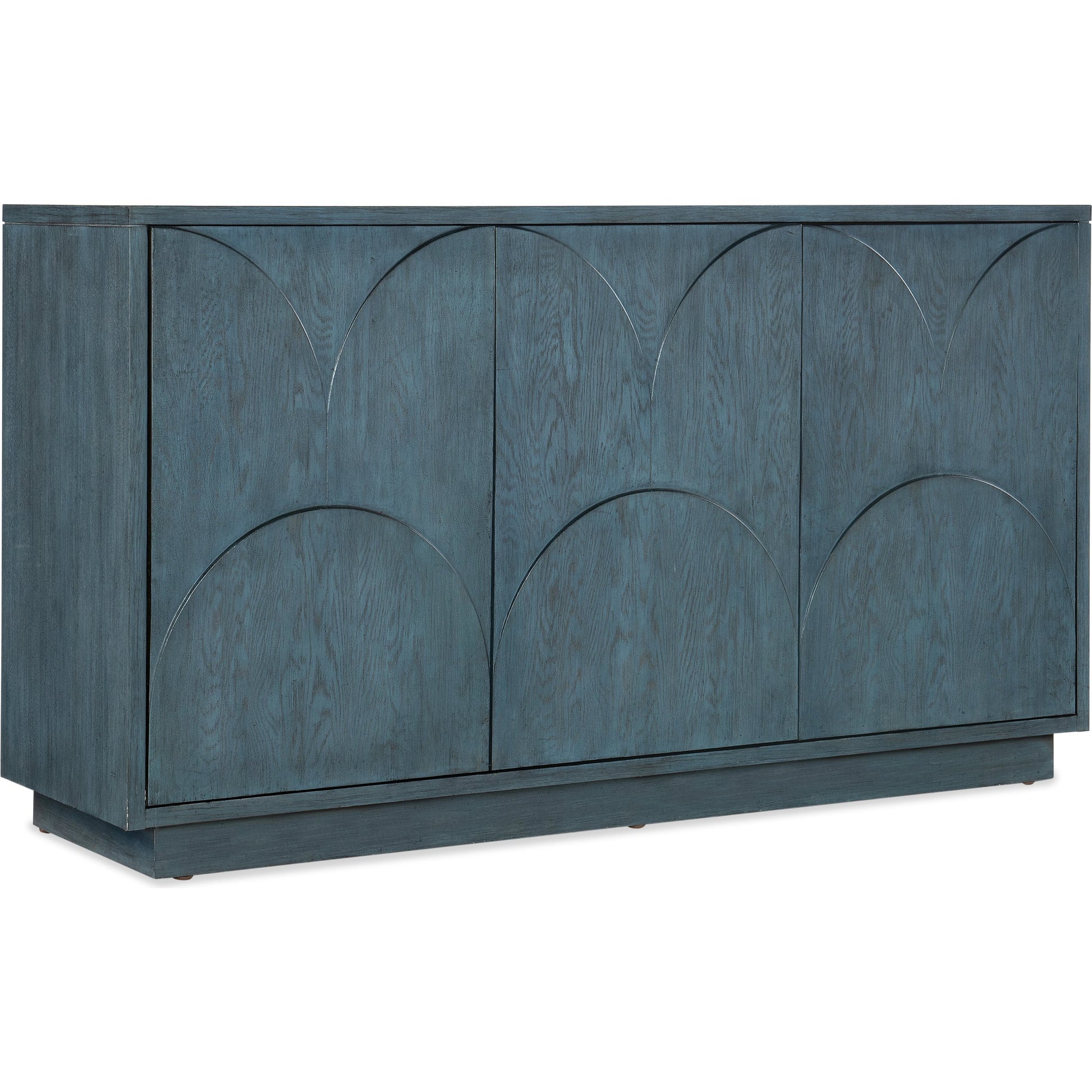 Melange Round Valley Three Door Entertainment Credenza by Hooker Furniture in blue. Made from oak veneers in a modern style.