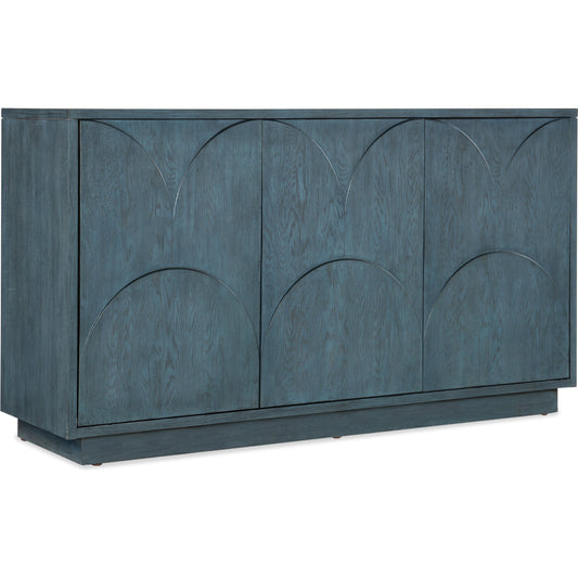 Melange Round Valley Three Door Entertainment Credenza by Hooker Furniture in blue. Made from oak veneers in a modern style.