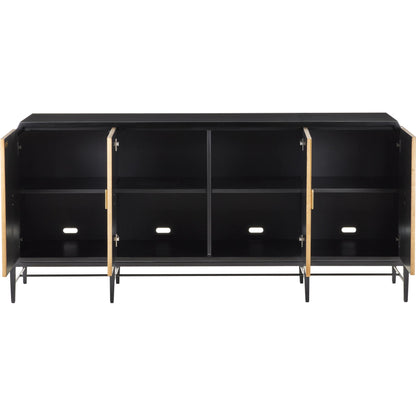 Kallista Credenza by Currey and Company in taupe, caviar black, polished brass, black. Made from sycamore veneer, mahogany, engineered hardwood, brass, iron in a modern style.