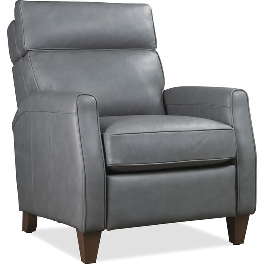 Okana Power Recliner with Pop-Up Headrest by Hooker Furniture in majestic storm cloud and dark wood. Made from leather in a traditional style.