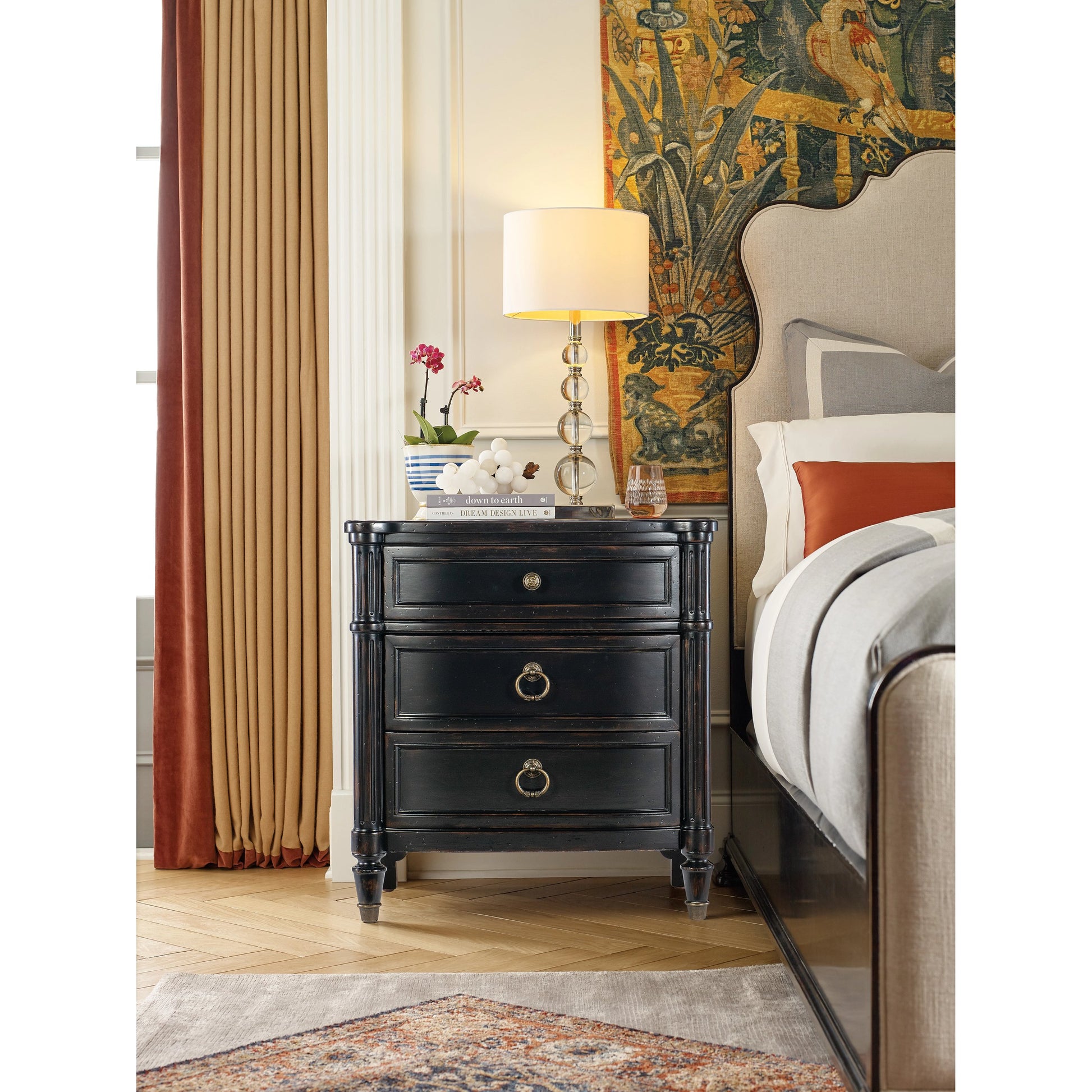 Charleston 30" Three-Drawer Nightstand by Hooker Furniture. Made from cherry, maple veneers, metal, solid-wood edge top in a traditional style.