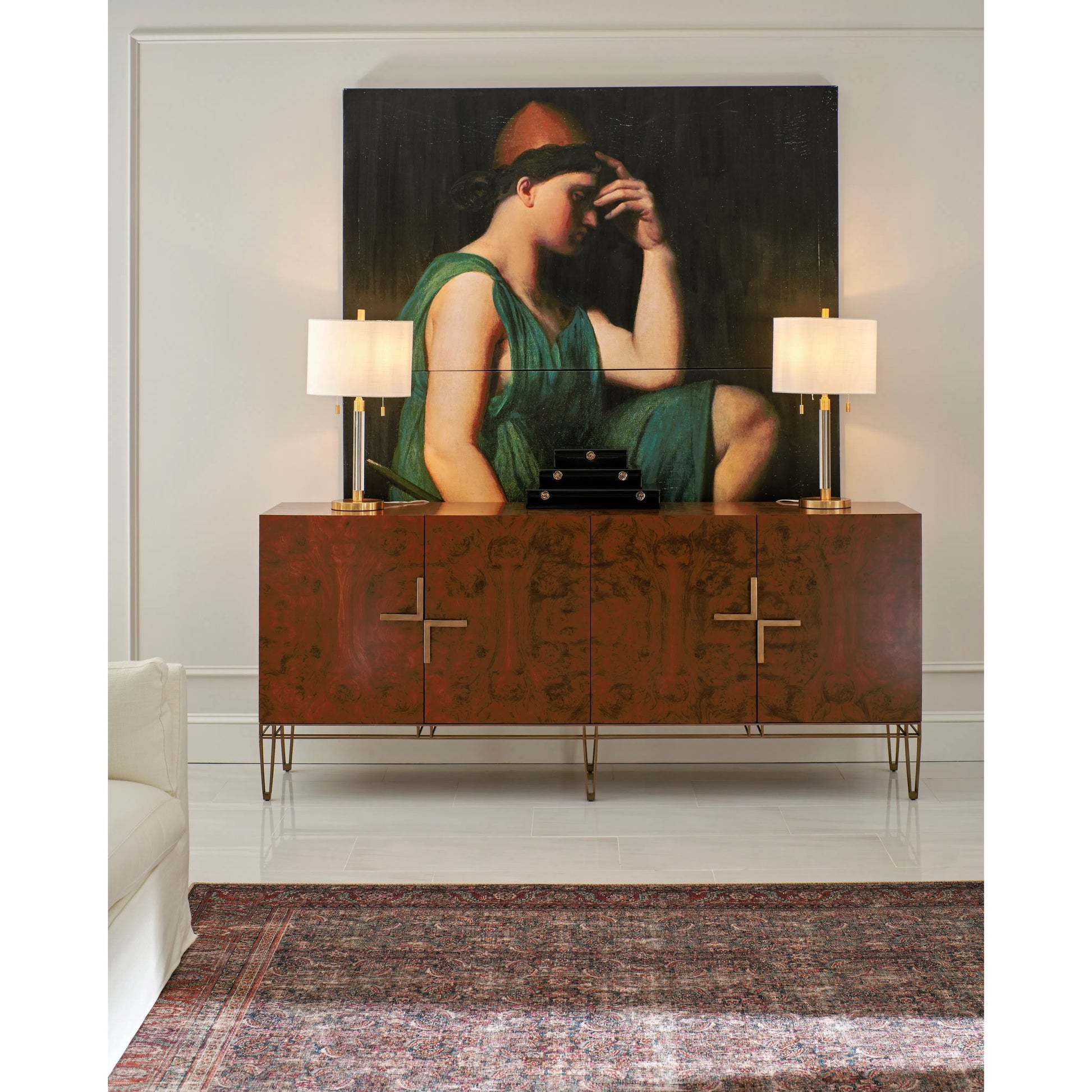 Xo Sideboard by Jonathan Charles in brown and walnut burl, bronze. Made from walnut burl, stainless steel, brass in a modern style.