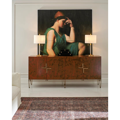 Xo Sideboard by Jonathan Charles in brown and walnut burl, bronze. Made from walnut burl, stainless steel, brass in a modern style.