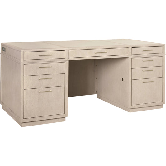 Marlowe Executive Desk by Hooker Furniture in light wood and polished limestone, quartered oak veneers. Made from white oak solids, white oak veneers, leather in a unique style.