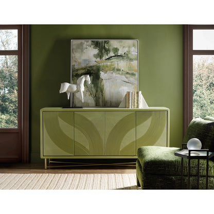 Commerce and Market Into the Woods Credenza by Hooker Furniture in green painted, gold metal. Made from metal tube, alder solids, basswood veneers, resin in a modern style.
