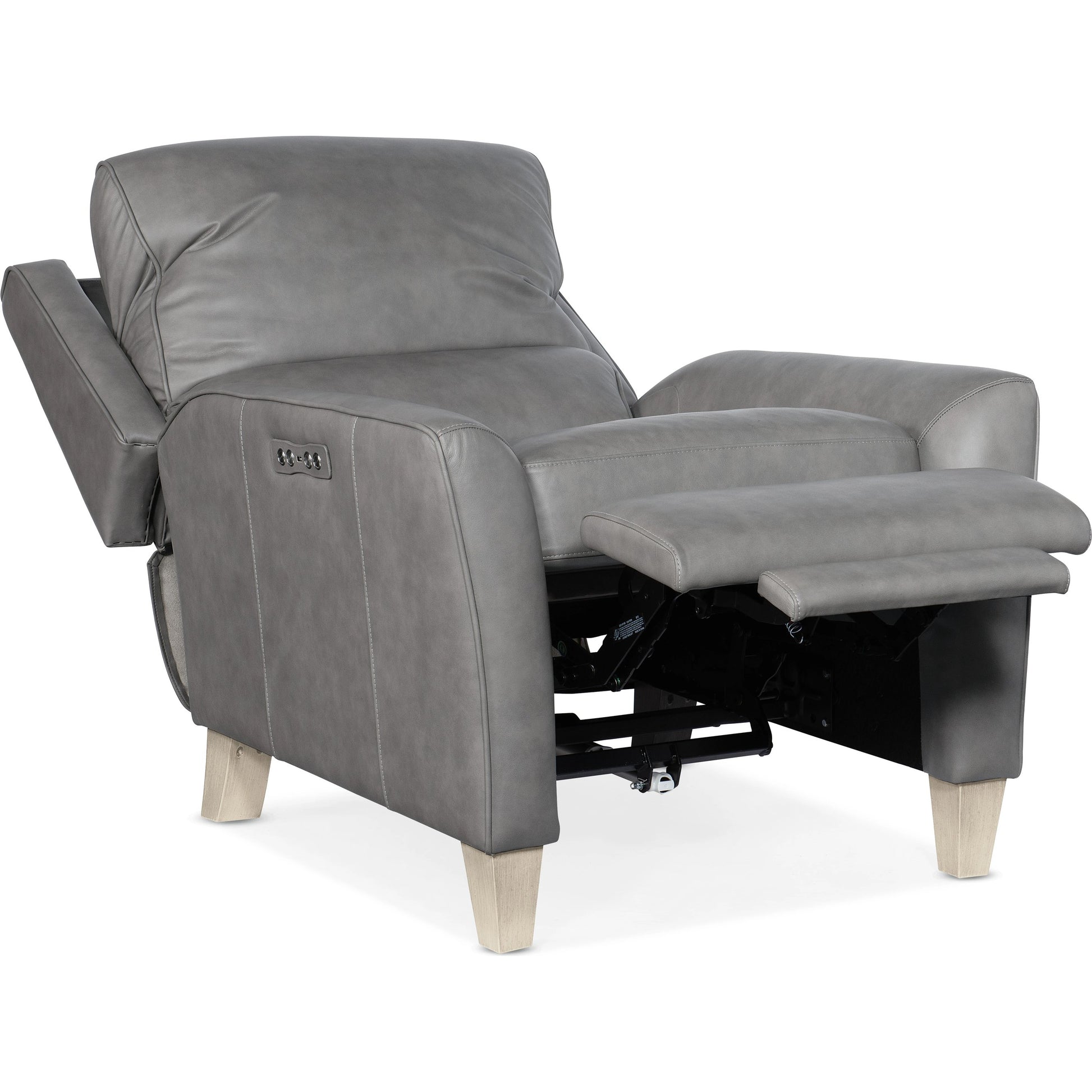 Dunes Power Recliner by Hooker Furniture in aline light gray. Made from leather in a traditional style.