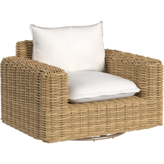 Playa Outdoor Oversized Swivel Club Chair by Sunset West in medium wood. Made from resin wicker in a unique style.