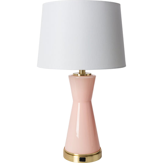 Wendy Accent Table by Surya in body: pink, base: gold, shade: white, finial: metallic - nickel, harp: metallic - nickel, cord: translucent and painted. Made from body: glass, base: metal, shade (outside): linen, shade (in