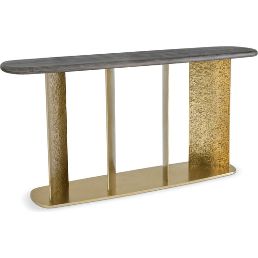 Trost Console Table by Bernhardt in dorado gold, bracken. Made from metal, wood in a modern style.
