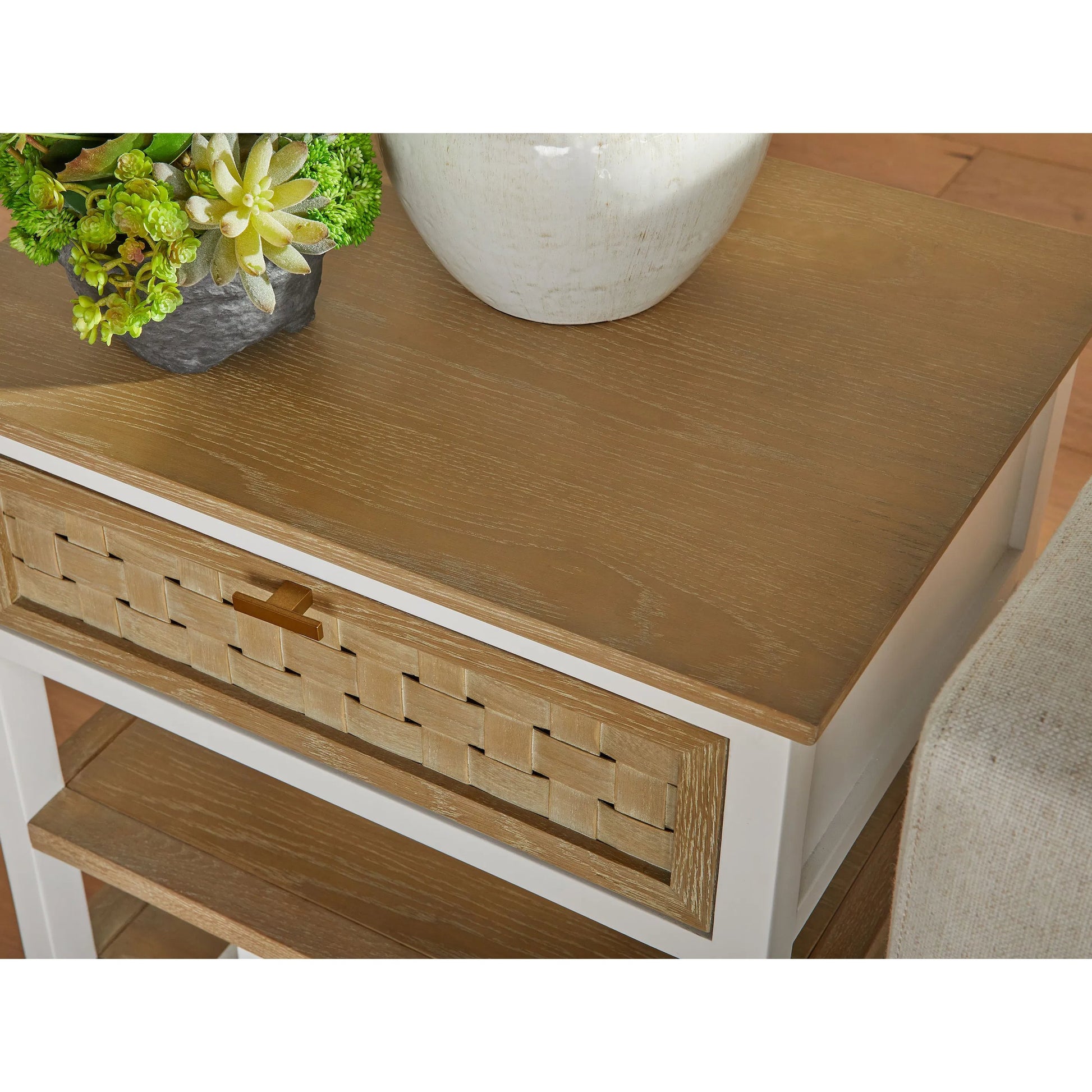 Weave Side Table by Essentials For Living in smoke gray oak, white painted oak. Made from solid oak wood, mdf, plywood, metal in a cottage & farmhouse style.