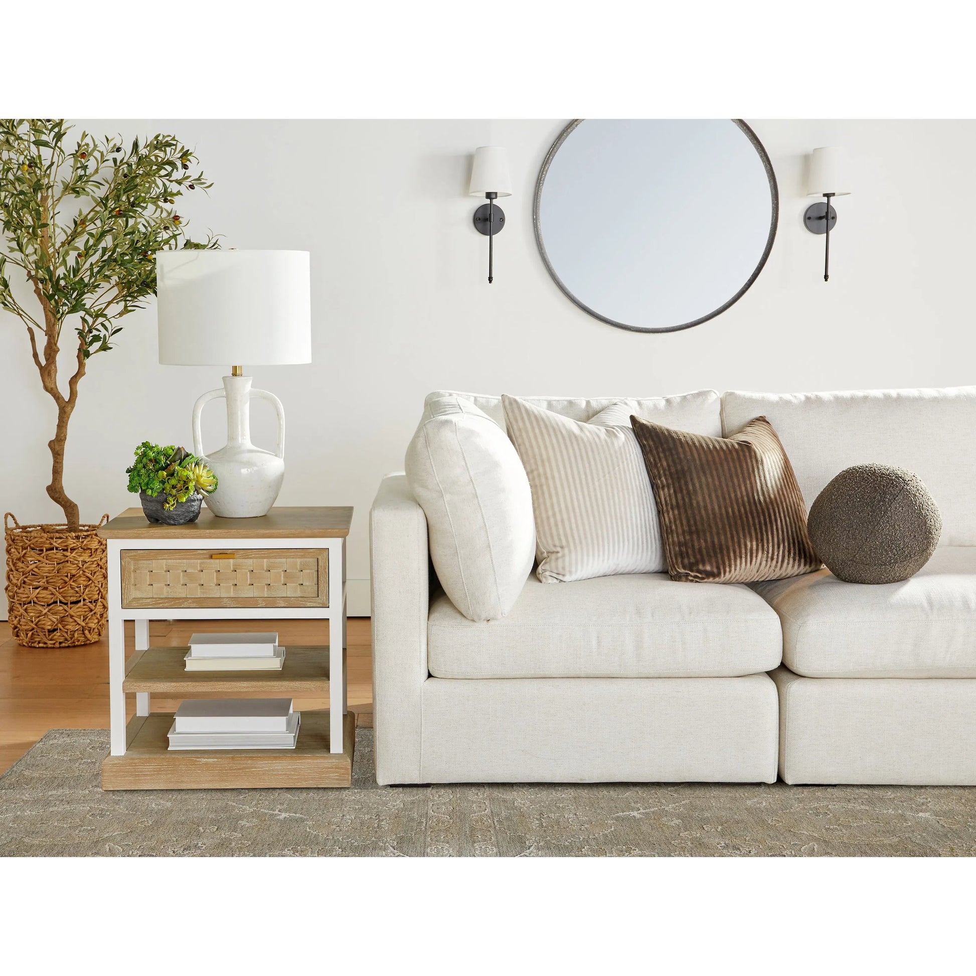 Weave Side Table by Essentials For Living in smoke gray oak, white painted oak. Made from solid oak wood, mdf, plywood, metal in a cottage & farmhouse style.