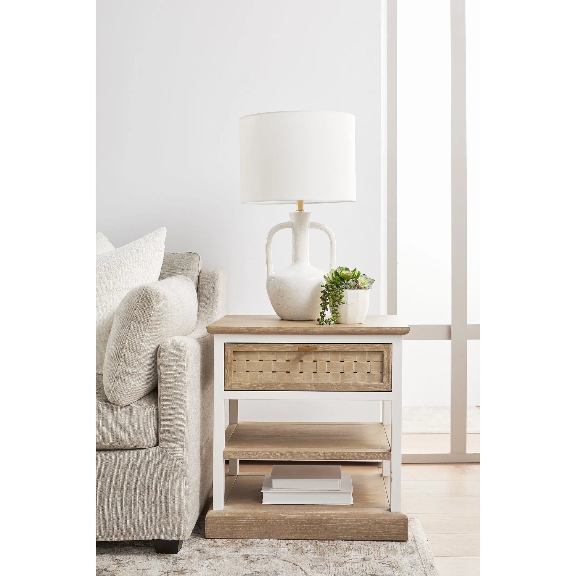 Weave Side Table by Essentials For Living in smoke gray oak, white painted oak. Made from solid oak wood, mdf, plywood, metal in a cottage & farmhouse style.