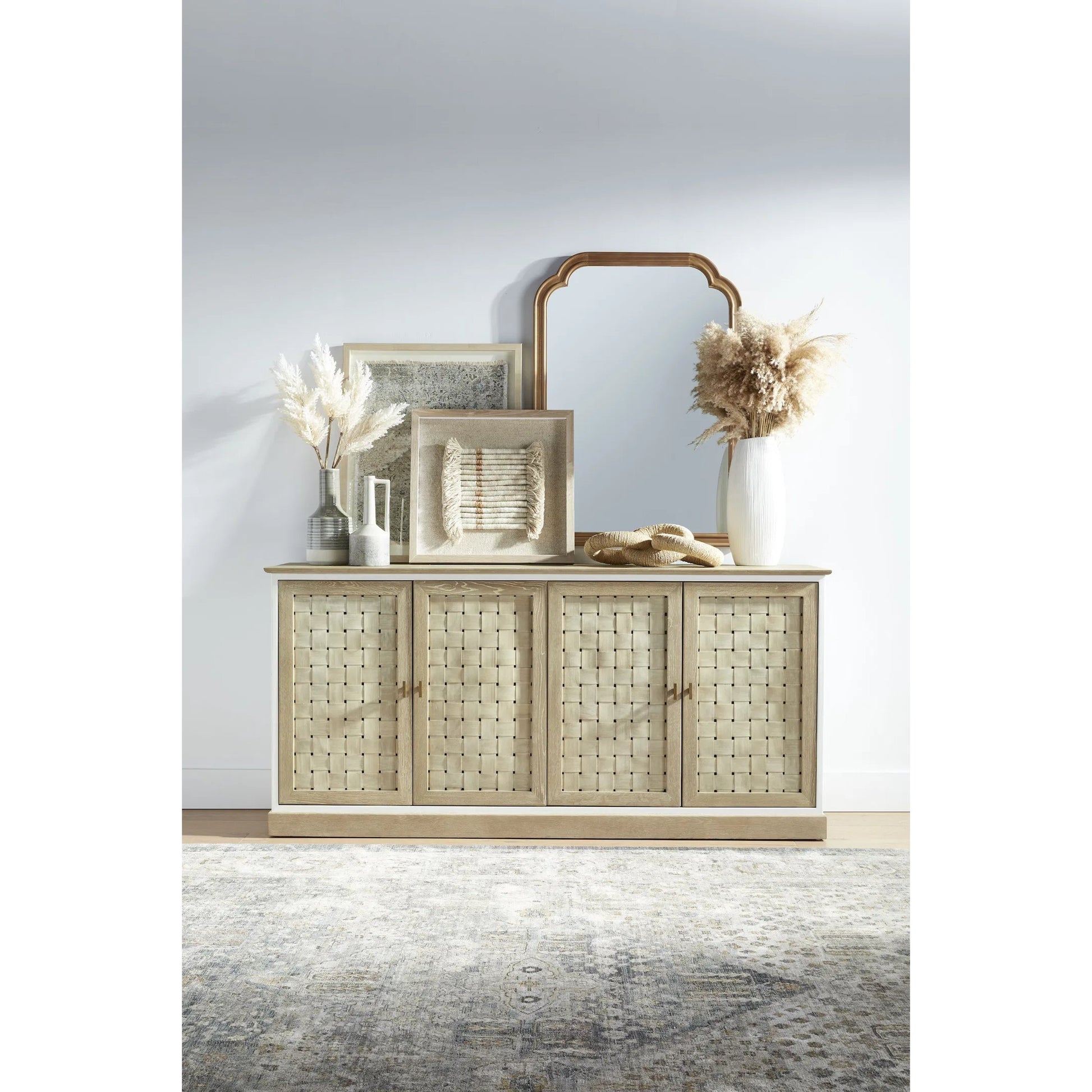 Weave Media Sideboard by Essentials For Living in smoke gray oak, white painted oak. Made from solid oak wood, mdf, plywood in a cottage & farmhouse style.