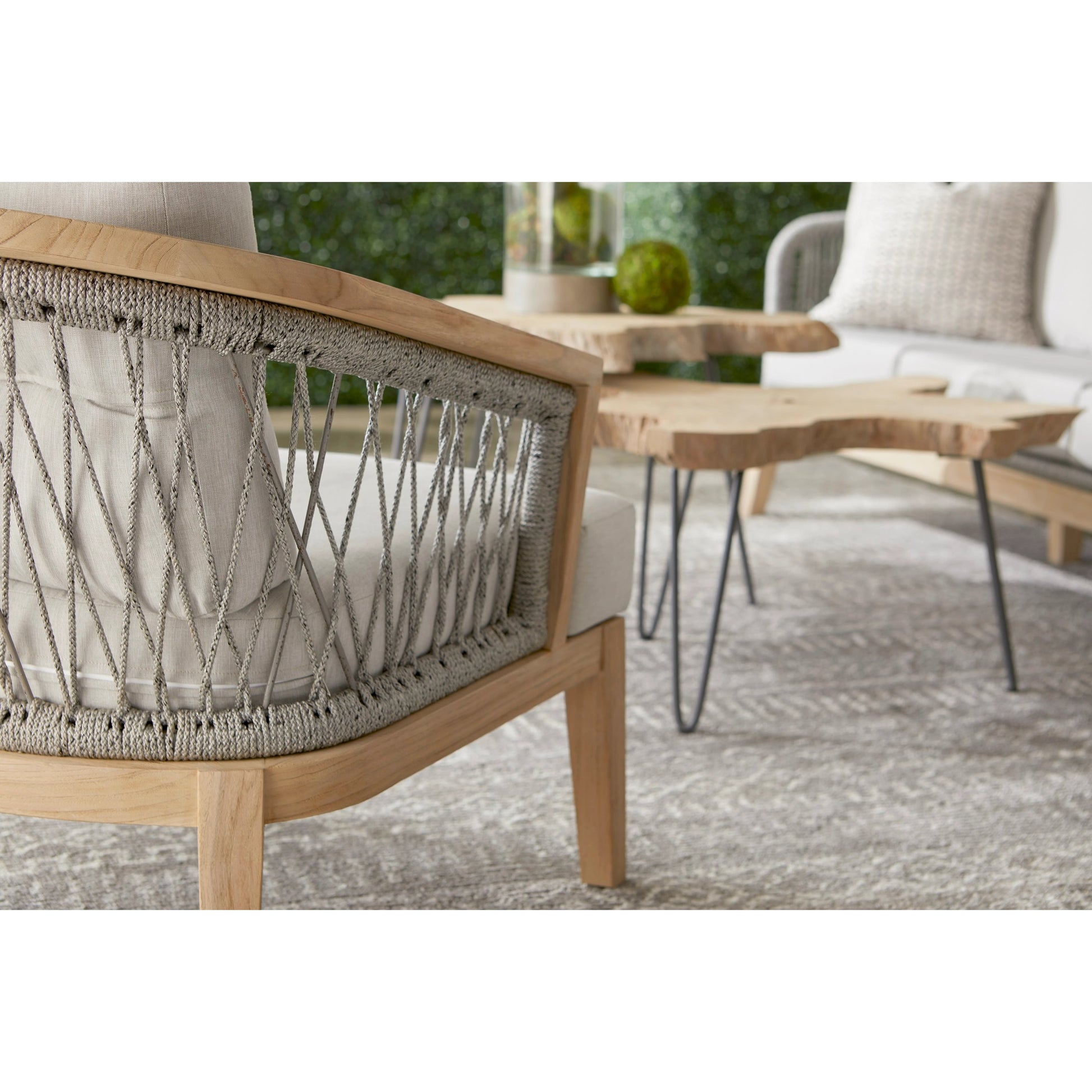Web Club Chair by Essentials For Living in gray, taupe, white, pumice. Made from solid teak, aluminum, 100% olefin rope, 100% olefin fabric in a coastal style.